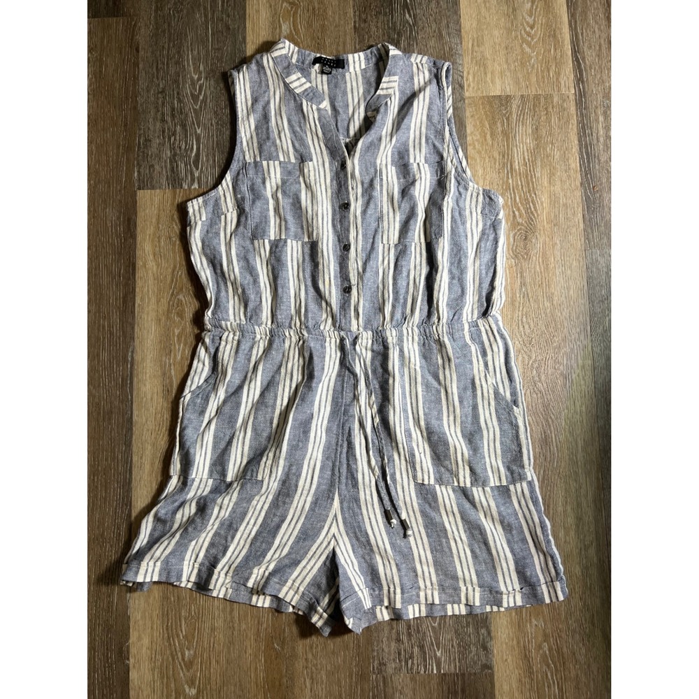Kelly Renee Blue White Striped Linen Blend Sleeveless Romper XL Button Front